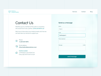 Contact Us Form blue button contact form healthcare icon input laboratory landing page medical message minimalistic mint ui ux