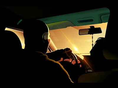 Night Ride black car colour design green illustraion life lighting reflection shadow vector waking way