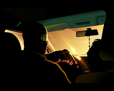 Night Ride black car colour design green illustraion life lighting reflection shadow vector waking way