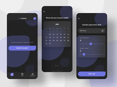 Get Staffed - Create Vacancy app app design blue blurred background calendar colourful dark design iphone x job post manager onboarding organiser patterns profile purple recruitment schedule shift ux ui