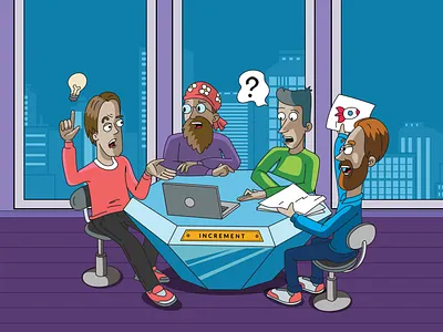 Sprint review city developers illustration increment meeting office skyscraper speak sprint team vector