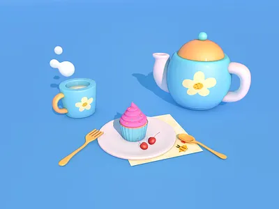 Birthday 3d c4d cupcake mug teapot