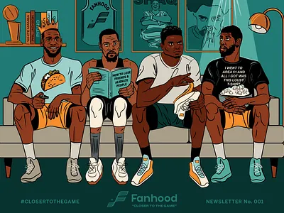 Fanhood newsletter illustration basketball hoodzpah illustration kevin durant kyrie irving lakers lebron james living room nba nets zion