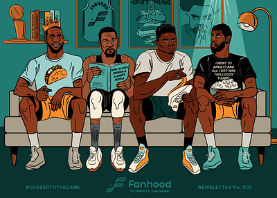 Fanhood newsletter illustration basketball hoodzpah illustration kevin durant kyrie irving lakers lebron james living room nba nets zion