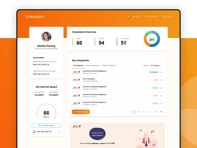 Telecom Dashboard Design complaints dashboard minimal network speed telecom ui ux