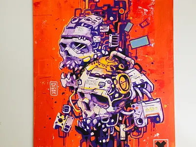 Hardware Twins canvas cyberpunk future futuristic paint painting robots skulls