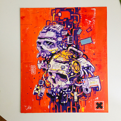 Hardware Twins canvas cyberpunk future futuristic paint painting robots skulls