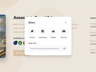 Game Share Modal app arcadio clean clean ui discord facebook games gaming link modal reddit share share modal twitter web