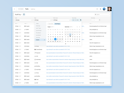 Audit log – Filters calendar date filters interface pickup table ui