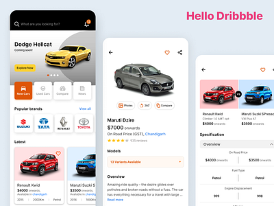 Hello Dribbble - Online Car Portal Mobile App app app design car cards compare concept debut design detail page detail view home interface mobile app mobile ui photo photos specs typography ui ux