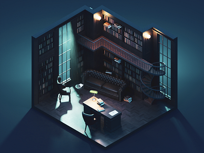 The Study at Night 3d blender diorama illustration isometric library model render room