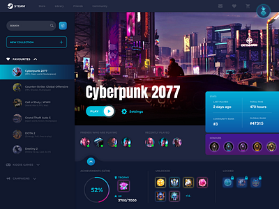 Steam - The gaming platform remake! black counterstrike cyberpunk 2077 dark dark app dark ui dashboard dashboard ui design game games gaming remake statistics steam ui ux