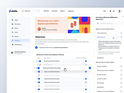 Skello settings 🛠 absence app clean employee minimal product saas settings settings ui skello users work