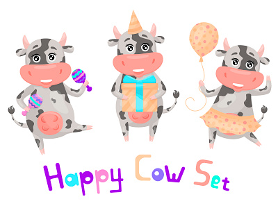 Spotted cow. Holiday set. ballon cap cartoon celebrate celebration character colorful cow cute animals design flat gift happy birthday holiday illustration set shakers skirt spotted vector