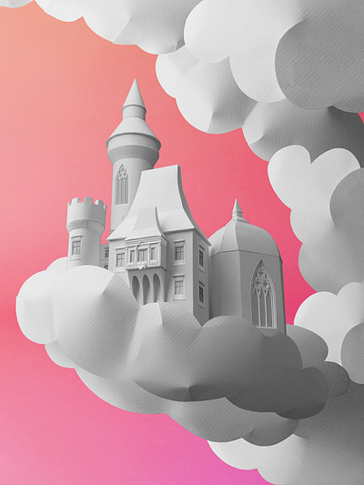 Fantasyland building castle clouds digital editorial folioart illustration ollanski paper craft sculpture