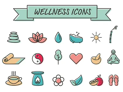 Collection of wellbeing / meditation icons bright colourful cute graphics icons illustration illustration design meditation nature nature illustration outline outline icon simple symbols vector wellbeing wellness