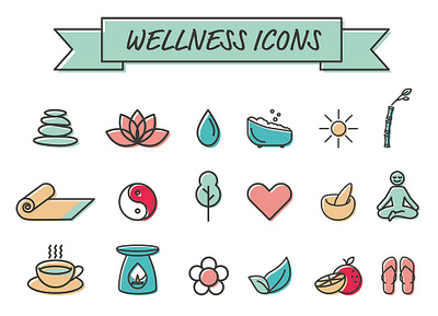 Collection of wellbeing / meditation icons bright colourful cute graphics icons illustration illustration design meditation nature nature illustration outline outline icon simple symbols vector wellbeing wellness