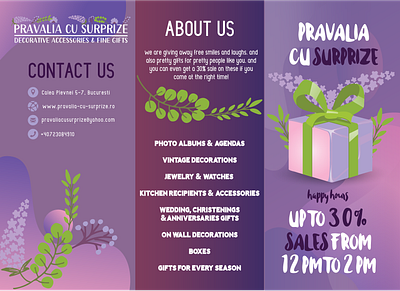 Brochure concept for a gift shop branding bucharest colors design flowers illustration logo purple