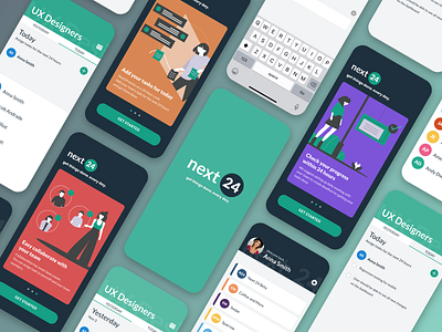 Next 24 - Task Manager adobe xd animation cards mobile mobile app mobile app design mobile application mobile ui mobile uiux onboarding splash screen task manager tasks transition ui ux ui design ux design walkthrough wireframing