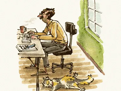 Workspace chair desk editorial man office pen and ink watercolor work