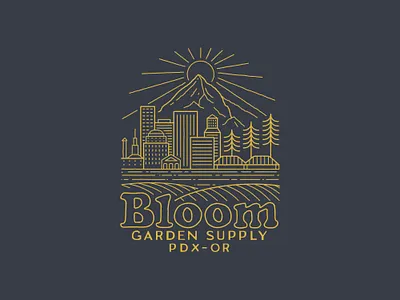Bloom Garden Supply badge branding buildings cannabis city cityscape design logo mountain oregon outdoor pdx pine portland retro sun tee tee design trees typography