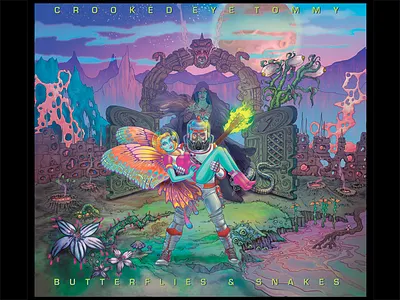 Crooked Eye Tommy Butterflies & Snakes 2015 Debut CD Cover Art cd cover design character concept character design clip studio paint cranial urn digital art flaming gibson illustration mike lemos mike lemos aka spacetrog pen and ink reptilian