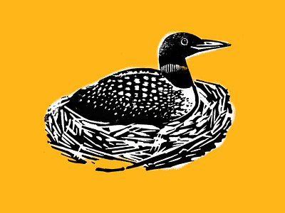 Loon in Nest Linocut bird illustration linocut linoprint loon nest photoshop spots woodcut yellow