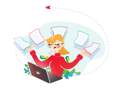 IT Sourcer Girl blonde blue documents glasses illustration it soucer laptop macbook papers plain plants red rocket sweater vector