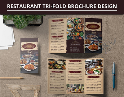 RESTAURANT TRI-FOLD BROCHURE DESIGN branding brochure character color concept corporate design creative design mockup text tri fold vector