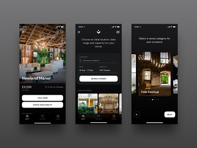 Venues Dark Mode app booking calendar event iphone mobile ui venue venues