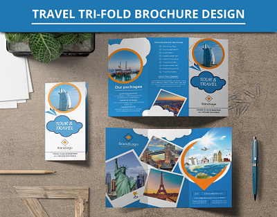 TRAVEL TRI-FOLD BROCHURE DESIGN branding character color colors corporate design creative design front mockup shape text travel tri fold tri fold brochure trip unique vector