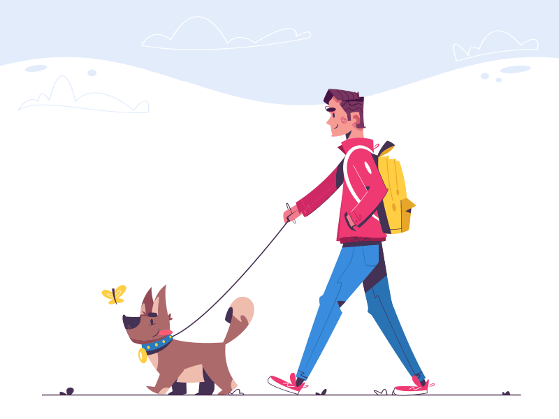 Walking the dog Animated 2d animation bag butterfly character clouds dog funny gif grass head turn motion rebound sky walkcycle wink