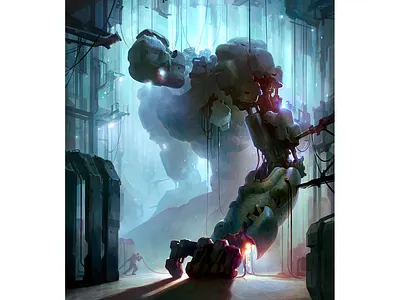 Robot repair 2d aleksey litvishkov art bot digital art factory hand illustration mecha repair robot sci fi worker