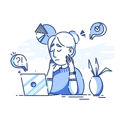 Problematic business busy cartoon character client work design flat girl icon illustration illustrations laptop minimal monochrome problem solving procreate thinking work