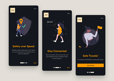 Onboarding for a Safety Navigation App app copywriting dark theme mobile mobile app navigation onboarding safety app typography uidesign ux