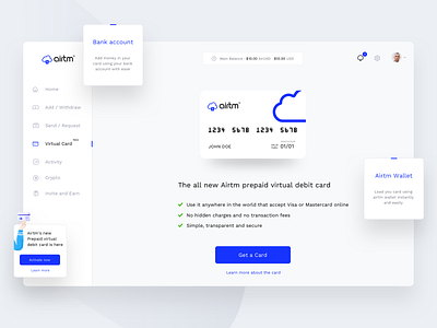 Airtm Virtual card assignment (Home) airtm app branding cloud credit currency design dollars finance illustration logo money money transfer neel prakhar prepaidvirtualdebitcard sharma ui usa web