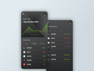 Stock App Design - Dark Mode app branding clean design flat mobile pages sketch stock type typography ui ux web
