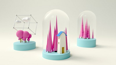 Abstract House 3d 3d art 3d artist c4d cage candy cartoon clean cloud cone cube cyan forest home hourglass house pine pink silver sphere