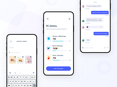 Project Management App app chat clean collaboration ios message messages mobile mobile ui modern post progress project project management projects task tasks team ui ux