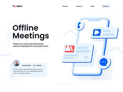 Meetz app blue branding clean design hero isometric landing logo minimalistic site typography ui ux web white