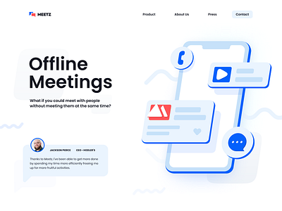 Meetz app blue branding clean design hero isometric landing logo minimalistic site typography ui ux web white