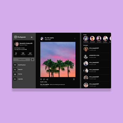 instagram dark mode adobe xd app dark ui darkmode design desktop app instagram instagram redesign minimal ui ui website ux website