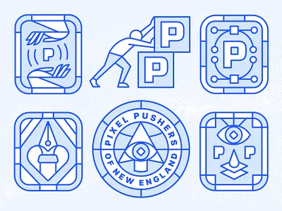 Pixel Pushers of New England anchor point badge badge design bezier branding card cursor eye hand human identity ilunimati layers pen tool pixel ritual secret society tool