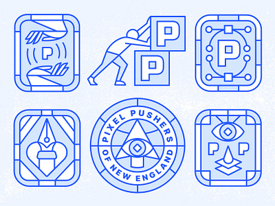 Pixel Pushers of New England anchor point badge badge design bezier branding card cursor eye hand human identity ilunimati layers pen tool pixel ritual secret society tool