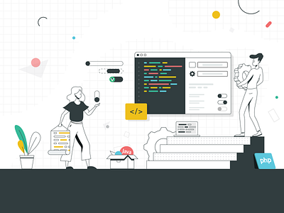 Working with Code branding character code coding colors computer screen flat geometric java laptop people php programming screen ui ui settings vector work workspace