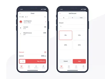 Point of Sale (POS) App. Discount tool app cart checkout design discount ios point of sale pos red selectors ui