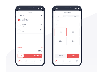 Point of Sale (POS) App. Discount tool app cart checkout design discount ios point of sale pos red selectors ui