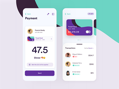 Send Money • Mobile Screen app banking clean colorful contacts creative credit card dashboard green ios modern pay payment purple select send money transaction ui ux