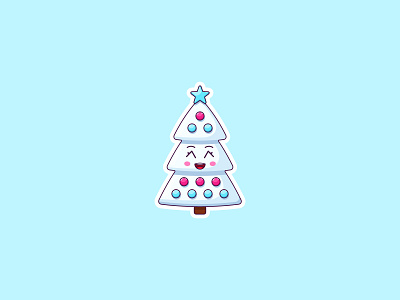 Kawaii White Christmas Tree, Sticker baby cartoon character cheerful christmas tree comic cute emoji emotion funny happy holiday illustraion joyful kawaii kid noel star sticker xmas