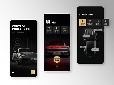 App Control Porsche 911 911 app black car dark ui design figma interface ios minimal porsche ui ux